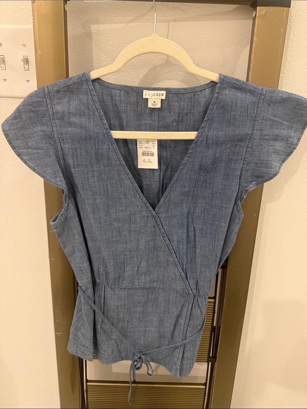 J. Crew Denim-Look Wrap Top in Medium Blue
